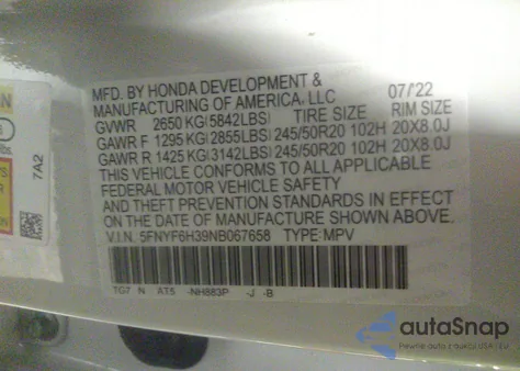 2022 Honda Pilot Awd Sport from USA, damaged, VIN 5FNYF6H39NB067658